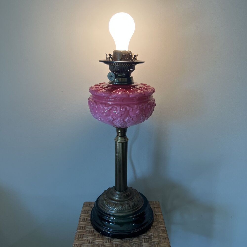 Antique Victorian Pink Cranberry Milk Glass Oil Lantern Electric Parlor Lamp - Picture 2 of 14